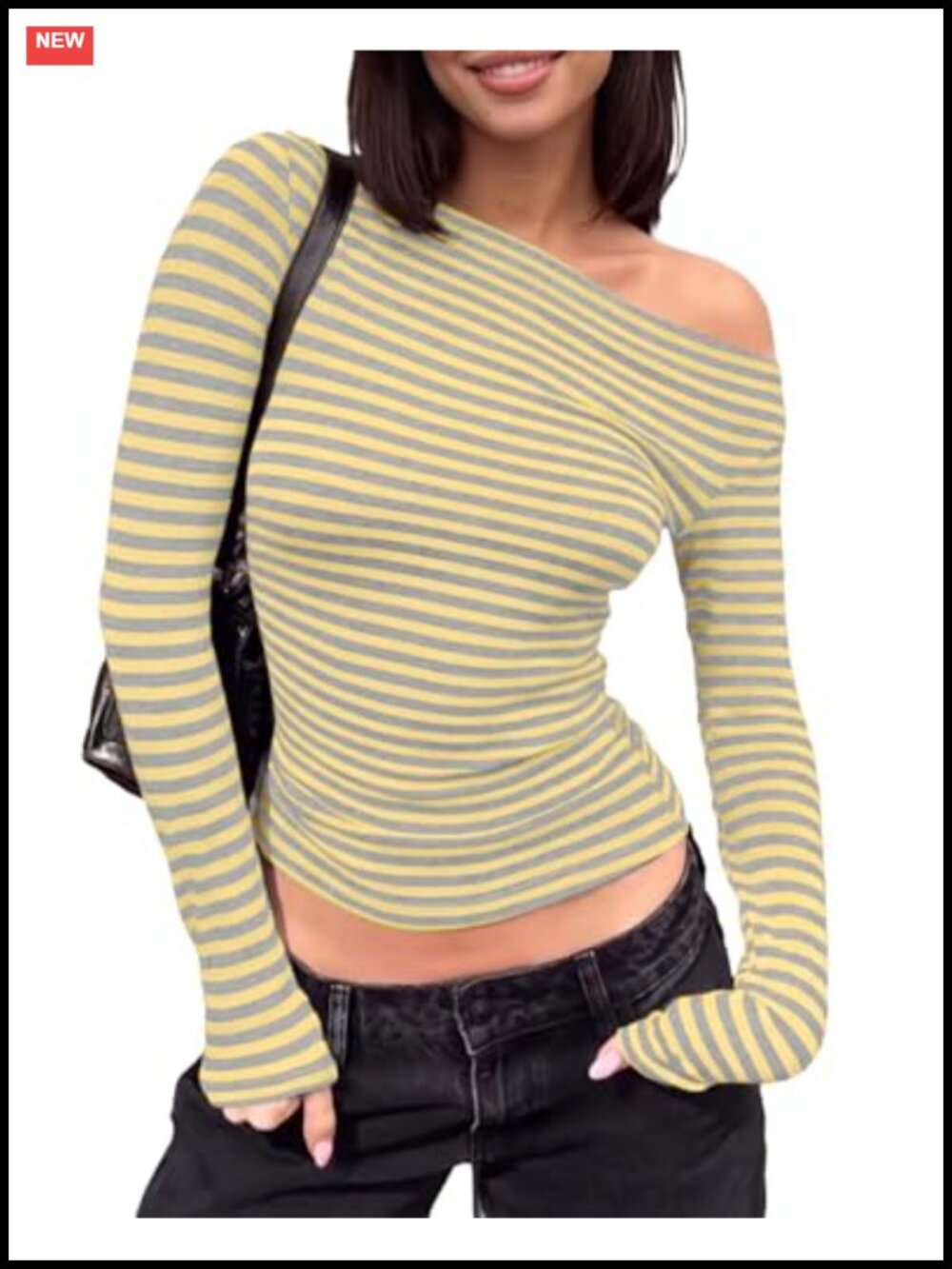 Women One Off Shoulder Striped Crop Tee Long Sleeve Slim Fit Tshirt